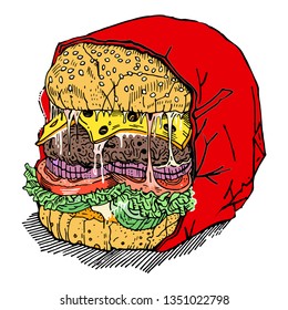Monster burger. Meat cutlet, cheese, tomatoes, cucumbers, onions, salad, sauce on a sesame bun in a wrap. Angry brutal hamburger. Hand drawn sketchy style illustration. Menu, fast food, junk food.