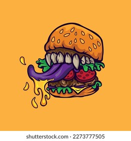 monster burger with teeth and mustard vector