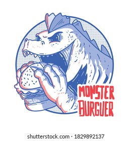 Un monstruo con ilustración vectorial de la hamburguesa. Comida rápida, marca, publicidad, concepto de diseño de logotipo