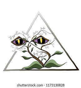 monster bush eyes triangle Vector hand drawn illustration, abstract baroque style, fantasy, occultism, tattoo art, template for card, poster banner print for t-shirt.