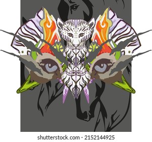 Monster butterfly wings with tiger eyes. Terrible tiger eyes on a dark background with elements of a snow leopard, colored butterfly wings and elements of a snake for carnival mask, posters, prints