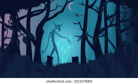 The Monster Came To The Forest For Magic Mushrooms. The Moon And The Stars Is Shining In The Sky, A Witch Is Flying By. Halloween