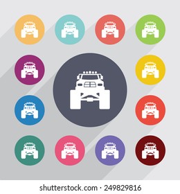 monster car circle, flat icons set. Round colorful buttons 