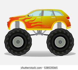 Monster car with flame sticker on the side. Truck vehicle. Vector realistic illustration.