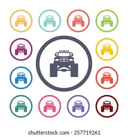 monster car flat icons set. Open colorful buttons 