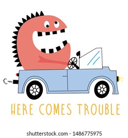 monster car yellow text line girl tee illustration art vector
