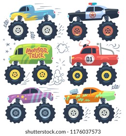 camiones de monstruo. camiones de dibujos animados con grandes ruedas. Conjunto vectorial aislado. Ilustración de la colección de coches monstruosos de transporte