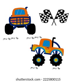 Monster cars. Cartoon cars with big wheels. Isolated vector set. Illustration of transportation monster truck collection