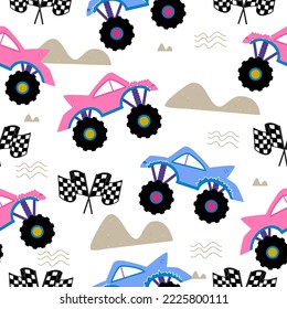 Monster cars pattern. Cartoon cars with big wheels. cute monster truck seamless pattern. Illustration of transportation monster truck collection