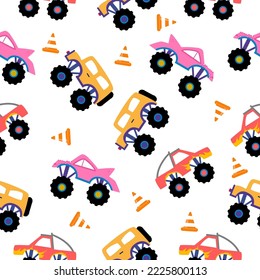 Monster cars pattern. Cartoon cars with big wheels. cute monster truck seamless pattern. Illustration of transportation monster truck collection