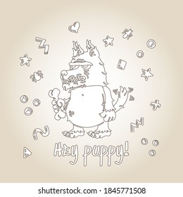 Monster Cartoon Character Cute Baby Wolf. Handdrawn vector illustration with a an Animal with Fangs and Bbone and small pattern, All Saints Day concept of party, poster, greeting card, coloring book