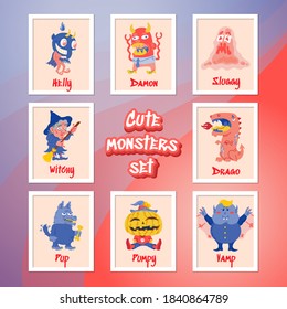 Monster Cartoon Character set. Hand drawn vector illustration with Beast, Slime Slug, Wolf, Devil, Pumpkin, Witch, Dragon, Vampire. Mystery, All Saints Day concept for Halloween party, posters
