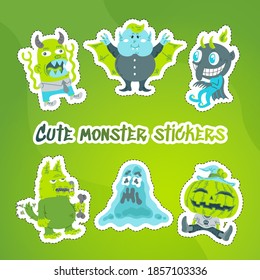 Monster Cartoon Character Sticker Pack. Hand drawn vector illustration with Dragon and Fire, Slime Slug, Vampire, Devil, Pumpkin, Witch, All Saints Day concept for Mystical party, sale banner, posters