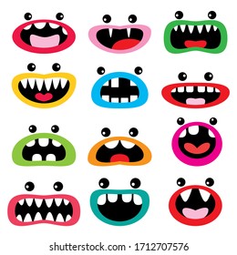 Monster caricaturista conjunto de iconos vectoriales, caras divertidas - boca abierta con dientes, lengua y ojos diseño

Los labios y los ojos graciosos infantiles, la ilustración, las caras hermosas, alegres y aterradoras
