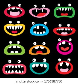 Monster cartoon character  vector icon set, funny faces - open mouth with teeth, tongue and eyes design. Kiddy, childish funny lips and eyes illustration, cute happy smiling and scary faces on black