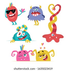 Monster cartoon cute set. Monsters in love:  ghost, goblin, cyclops; bigfoot yeti, troll, devil. Valentine's day greeting card characters. Cute kawaii flat aliens.