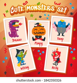 Monster Cartoon Doodle Character set. Handdrawn vector illustration with Beast, Wolf, Devil, Witch. Mystery, All Saints Day concept for Halloween party, posters, portraits. Caricature Scary Creatures