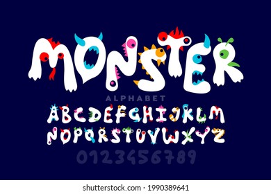 Monster cartoon style font design, childish colorful playful alphabet, letters and numbers vector illustration