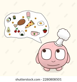 Monster-Cartoon mit Kochhut mit Wunschdenken und viel Essen