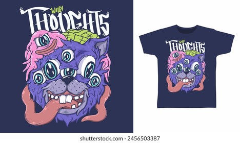 Monster Cat with Brain Illustration Tshirt Pop Art Designs.