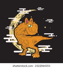 monster cat illustration with japanese style for kaijune event, notebook, logo