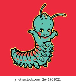 Monster Caterpillar Worm Kid Character Horror Design Vector Poster Halloween Rock Punk Weird Illustration Doll 
