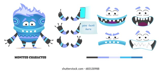 Monster character animation and creation set. Parts of body for design you scene. Cute faces and emotions. Moving arms, legs. Cartoon alien constructor. Fear, joy, smile, sadness. Funny yeti