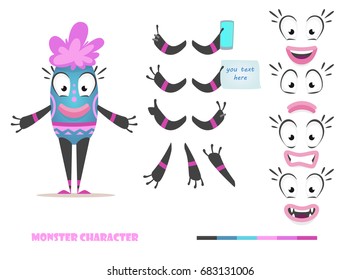 Monster character animation and creation set. Parts of body for design you scene. Cute faces and emotions. Moving arms, legs. Cartoon female alien constructor. Fear, joy, smile, sadness. 