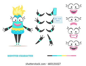 Monster character animation and creation set. Parts of body for design you scene. Cute faces and emotions. Moving arms, legs. Cartoon female alien constructor. Fear, joy, smile, sadness. 