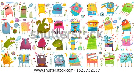 Monster character cartoon funny design for kids. Vector hand drawn clip art watercolor style illustration of colorful monstrous animals. Hand drawn nursery and baby characters design big collection.  Stock foto © 