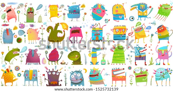 Monster character cartoon funny design for kids. Vector\
hand drawn clip art watercolor style illustration of colorful\
monstrous animals. Hand drawn nursery and baby characters design\
big collection. 