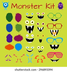 Monster and Character Creation Kit. Cute faces, fluffy bodies, eyes, smiles, teeth and glasses elements for your design. Fully editable, scalable and customizable. Vector set EPS 8.