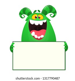 Monster character holds empty banner sign. Cartoon Halloween illustration