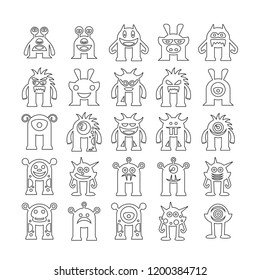 monster character icons set, line design