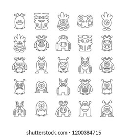 monster character icons set, line design