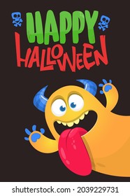 Сartoon monster character with long tongue. Illustration of happy alien creature for Halloween party. Package, poster or greeting invitation design. Vector isolated