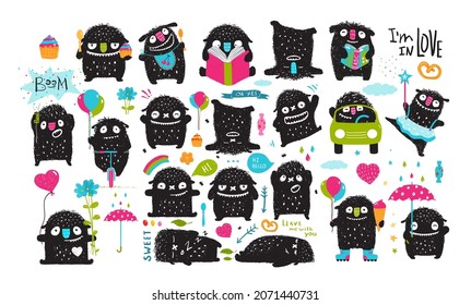 Caracter de monstruo tocando el clíparte aislado, divertida colección de actividades de mascota para los niños. Montaje de ilustraciones de dibujos animados con estilo de los monstruos. Clipart vectorial aislado para niños.