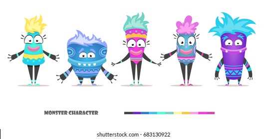 Monster character set. Cute and stylized female and male alie isolated vector illustration. Funny yeti