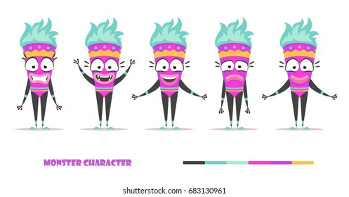 Monster character set with poses and gestures. Female alien happy, fear, joy, smile, sadness. Isolated vector illustration