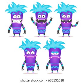 Monster character set with poses and gestures. Male alien happy, fear, joy, smile, sadness. Isolated vector illustration. Funny yeti