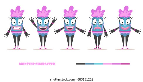 Monster character set with poses and gestures. Female alien happy, fear, joy, smile, sadness. Isolated vector illustration
