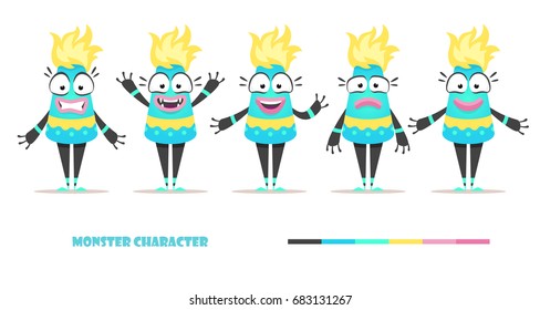 Monster character set with poses and gestures. Female alien happy, fear, joy, smile, sadness. Isolated vector illustration