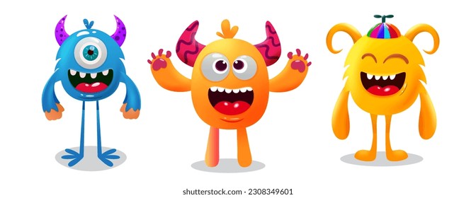 Monster character set vector design. Monster cartoon with funny and smiling facial expression in white background. Vector illustration characters collection.