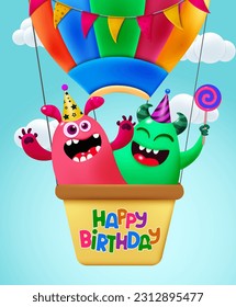 Monster character vector concept. Cartoon monsters on flying air balloon with happy birthday text on box. Vector illustration of monster birthday design.