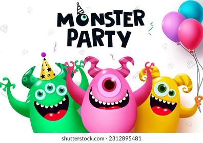 Monster character vector design. Monster party text with happy cartoon monster for birthday invitation and card. Vector illustration of monster party concept.