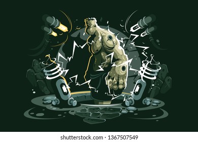 Monster character vector illustration. Ugly creature standing and looking back flat style design. Creating of horror beast. Isolated on dark background