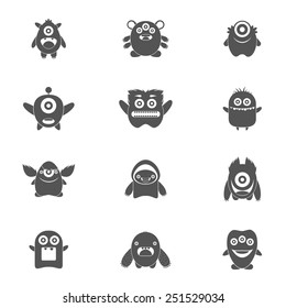 Monster characters group of mutant emoticons black icons set isolated vector illustration