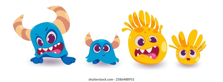 Monster characters with horns wings and big eyes. Vector flat illustration of cute monsters isolated on white background. Cartoon cute monsters with scary emotions.