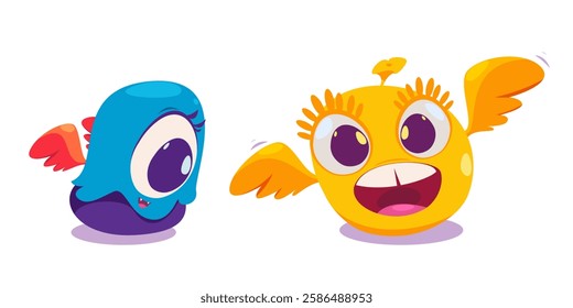 Monster characters with horns wings and big eyes. Vector flat illustration of cute monsters isolated on white background. Cartoon cute monsters with scary emotions.