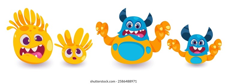 Monster characters with horns wings and big eyes. Vector flat illustration of cute monsters isolated on white background. Cartoon cute monsters with scary emotions.